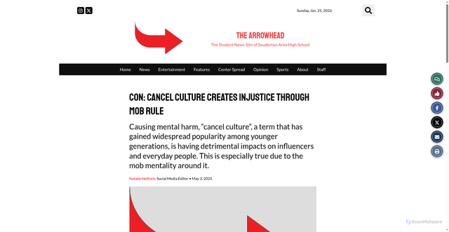 Security scan screenshot of https://thearrowheadonline.com/5253/opinion/con-cancel-culture-creates-injustice-through-mob-rule/