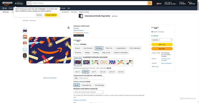 Security scan screenshot of https://fseryy.pages.dev/Amazon-eGift-Card-Candlelight-Celebration-Animated/dp/B09V2Y41ZR?pf_rd_p=f48567e1-5fd4-416a-a01c-fe4d73966da9&pf_rd_r=06CM176ZSW8HP3EHPSBP&ref_=US_GC_AGC_P1_25_STND_B09V2Y41ZR