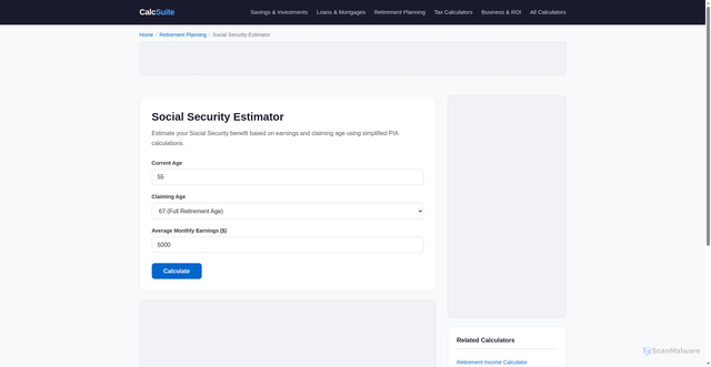 Security scan screenshot of https://calcsuite-dla.pages.dev/social-security-estimator/