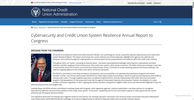 Security scan screenshot of https://ncua.gov/news/publication-search/cybersecurity/cybersecurity-and-credit-union-system-resilience-annual-report-congress-2