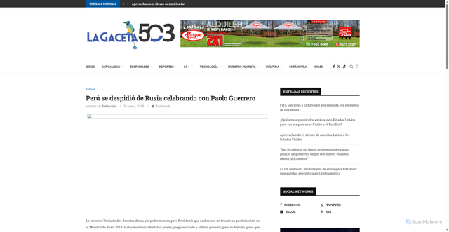 Security scan screenshot of https://lagaceta503.com/peru-se-despidio-de-rusia-celebrando-con-paolo-guerrero/