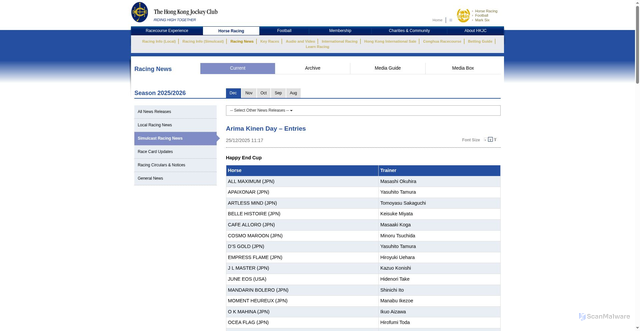 Security scan screenshot of https://racingnews.hkjc.com/english/2025/12/25/arima-kinen-day-entries/