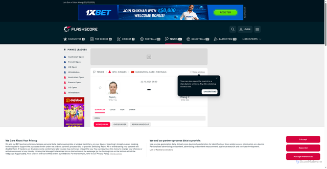Security scan screenshot of https://www.flashscore.in/match/tennis/radovcic-lulu-MewU5OwE/wang-yafan-dMsOb1NA/