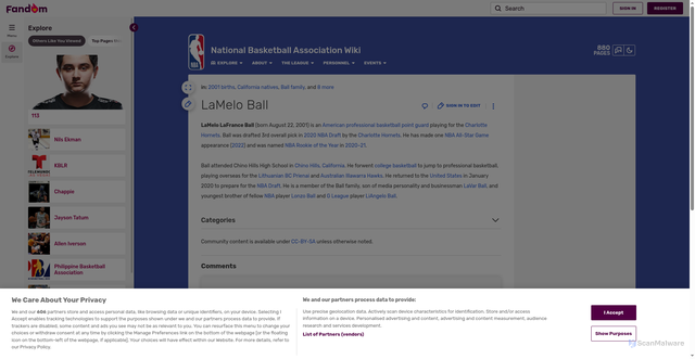 Security scan screenshot of https://national-basketball-association.fandom.com/wiki/LaMelo_Ball