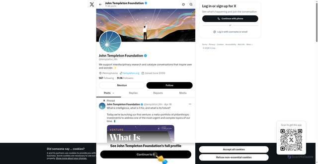 Security scan screenshot of https://x.com/templeton_fdn?utm_source=Receive+News+from+the+John+Templeton+Foundation&utm_campaign=55e235529a-EMAIL_CAMPAIGN_2026_templetonideas_20260923&utm_medium=email&utm_term=0_-42837b4b08-97355777