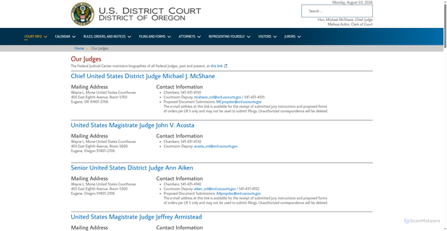 Security scan screenshot of https://www.ord.uscourts.gov/index.php/court-info/our-judges