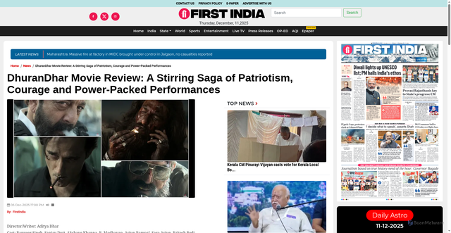 Security scan screenshot of https://firstindia.co.in/news/entertainment/DhuranDhar%20Movie%20Review:%20A%20Stirring%20Saga%20of%20Patriotism,%20Courage%20and%20Power-Packed%20Performances