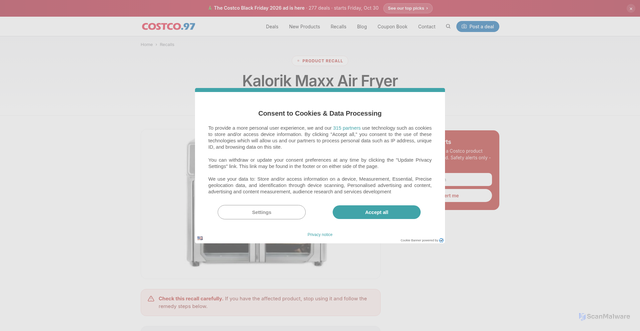 Security scan screenshot of https://costco97.com/recall-kalorik-maxx-air-fryer/