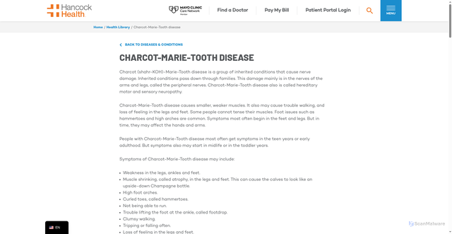 Security scan screenshot of https://www.hancockhealth.org/mayo-health-library/charcot-marie-tooth-disease/