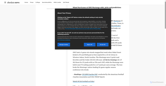 Security scan screenshot of https://www.aberdeennews.com/story/sports/ncaaf/2025/11/01/miami-at-smu-odds-picks-and-predictions/87014517007/