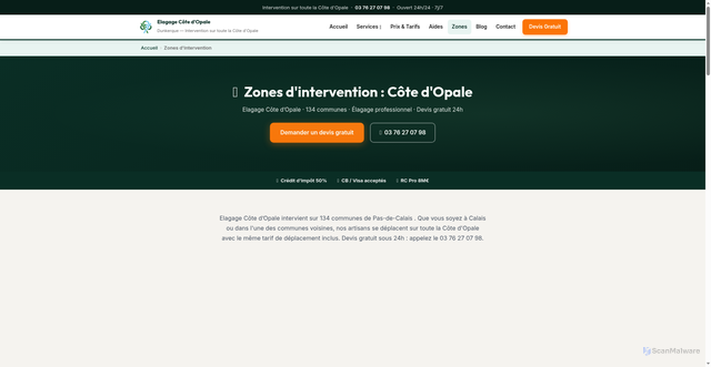 Security scan screenshot of https://elagage-cote-opale.fr/zones-intervention/