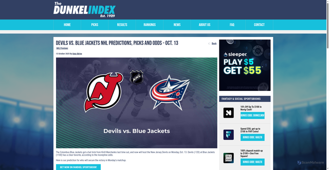 Security scan screenshot of https://www.dunkelindex.com/news/devils-vs-blue-jackets-nhl-predictions-picks-odds-10-13-2025