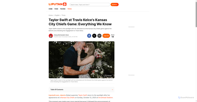 Security scan screenshot of https://en.liputan6.com/trivia/read/6183134/taylor-swift-at-travis-kelces-kansas-city-chiefs-game-everything-we-know