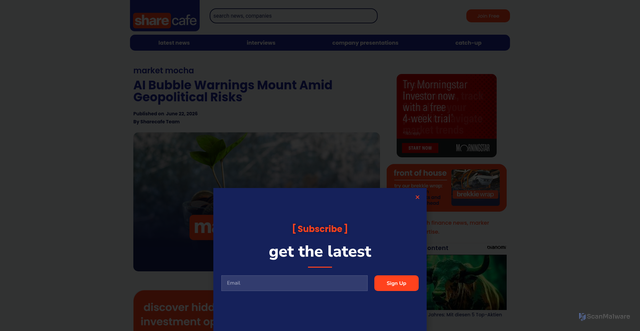 Security scan screenshot of https://www.sharecafe.com.au/2026/06/22/ai-bubble-warnings-mount-amid-geopolitical-risks/