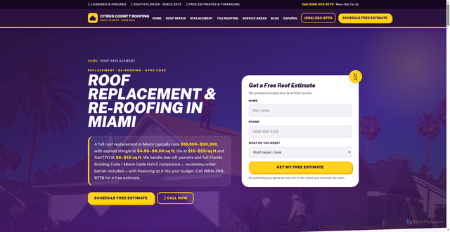 Security scan screenshot of https://miamiroofingflorida.com/roof-replacement-miami/