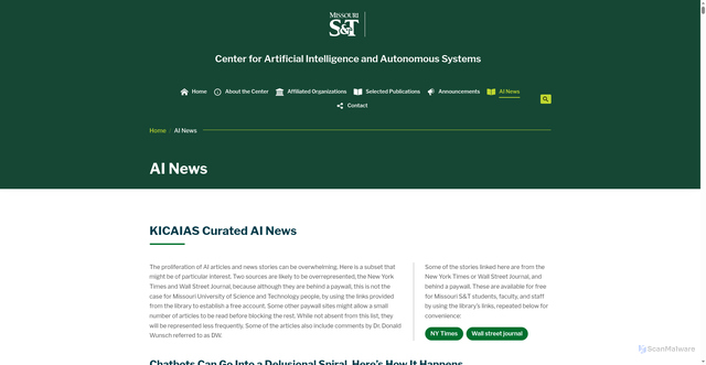 Security scan screenshot of https://caias.mst.edu/ai-news/