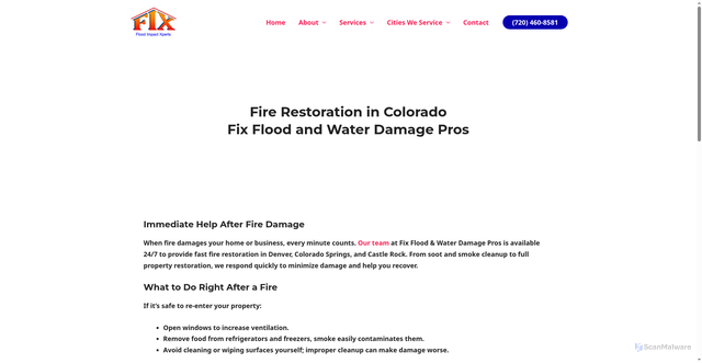Security scan screenshot of https://www.fixfloods.com/fire-restoration/