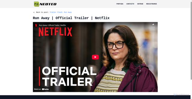 Security scan screenshot of https://www.neoteo.com/trailer-flash-run-away?video=blo_ELV97AprAED34