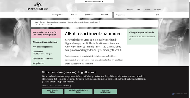 Security scan screenshot of https://www.kammarkollegiet.se/om-oss/kammarkollegiets-uppgifter/kammarkollegiets-stod-till-andra-myndigheter/alkoholsortimentsnamnden