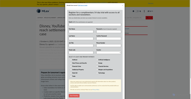 Security scan screenshot of https://www.mlex.com/mlex/articles/2396646/disney-youtube-tv-directv-plaintiffs-reach-settlement-in-us-tv-streaming-case