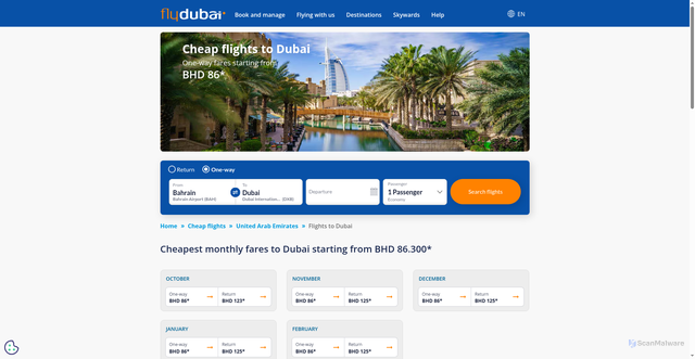 Security scan screenshot of https://www.flydubai.com/en-bh/cheap-flights/flights-to-dubai/