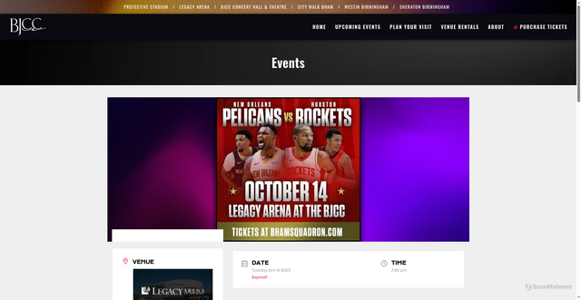 Security scan screenshot of https://www.bjcc.org/upcoming-events/new-orleans-pelicans-vs-houston-rockets/