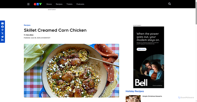 Security scan screenshot of https://more.ctv.ca/shows/the-good-stuff-with-mary-berg/recipes/2026/skillet-creamed-corn-chicken/