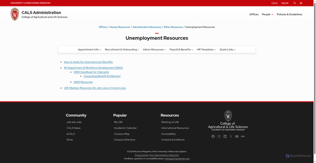 Security scan screenshot of https://admin.cals.wisc.edu/offices/hr/administrative-resources/other-resources/unemployment-resources/