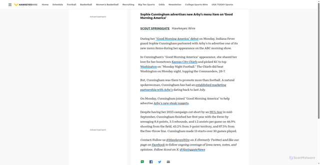 Security scan screenshot of https://hawkeyeswire.usatoday.com/story/sports/college/hawkeyes/womens-basketball/2025/10/28/fever-sophie-cunningham-arbys-steak-nuggets-good-morning-america/86936069007/