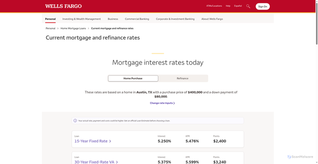 Security scan screenshot of https://www.wellsfargo.com/mortgage/rates/