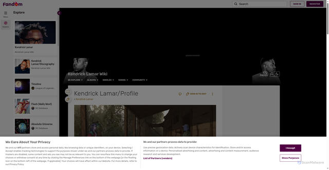 Security scan screenshot of https://kendricklamar.fandom.com/wiki/Kendrick_Lamar/Profile