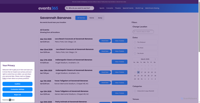 Security scan screenshot of https://www.events365.com/browse/savannah-bananas-tickets?performer_id=82449