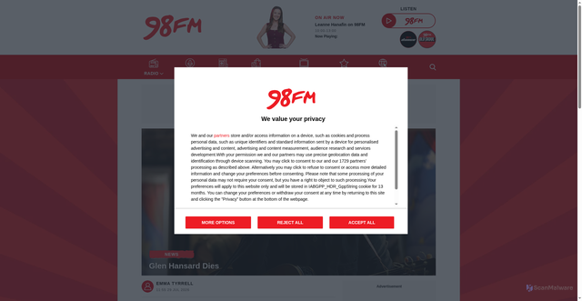 Security scan screenshot of https://www.98fm.com/news/glen-hansard-dies-2278498