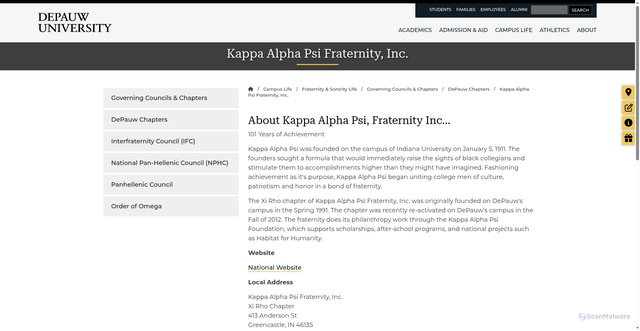 Security scan screenshot of https://www.depauw.edu/campus-life/greek-life/greek/councilschapters/depauwchapters/kappa-alpha-psi-fraternity-inc/