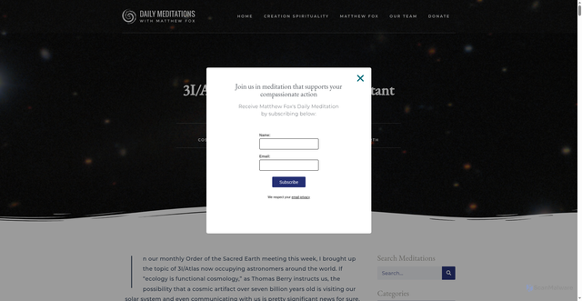 Security scan screenshot of https://dailymeditationswithmatthewfox.org/2025/11/29/3i-atlas-a-visit-from-a-far-distant-civilization/