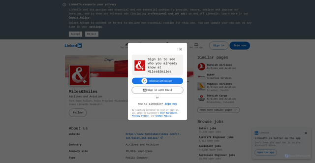 Security scan screenshot of https://www.linkedin.com/company/miles-smiles/?utm_source=dengage&utm_medium=email&utm_campaign=Oltalama%20Bilgilendirme%20Maili%2013.08.2026&dn_channel=email&dn_send_id=619