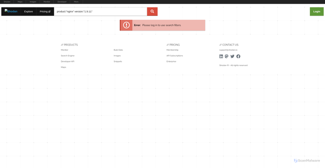 Security scan screenshot of https://eys.pages.dev/search?query=product%3A%22nginx%22+version%3A%221.9.11%22