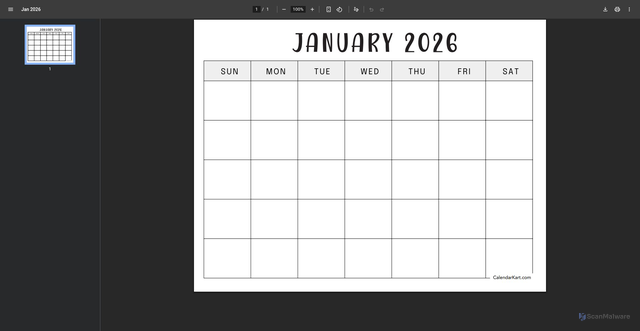 Security scan screenshot of https://calendarkart.com/wp-content/uploads/2025/09/January-2026-Calendar-Blank-5.pdf
