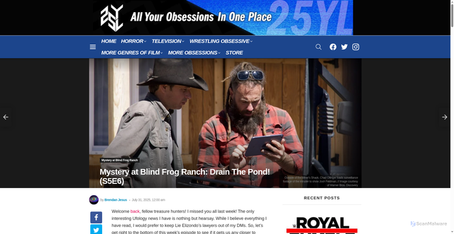 Security scan screenshot of https://25yearslatersite.com/2025/07/31/mystery-at-blind-frog-ranch-drain-the-pond-s5e6/