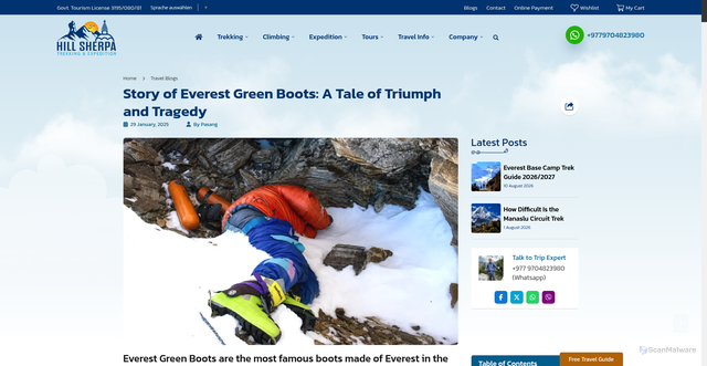 Security scan screenshot of https://hillsherpatrekking.com/blog/everest-green-boots/