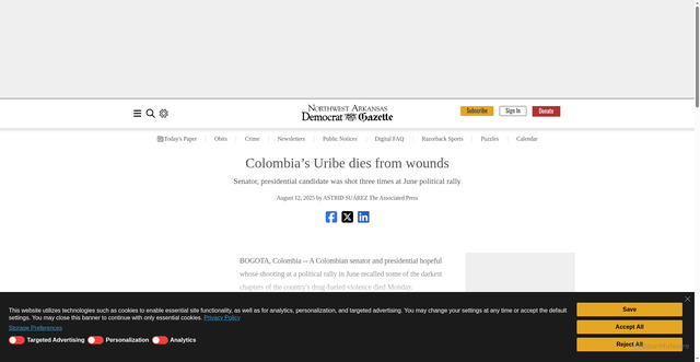 Security scan screenshot of https://www.nwaonline.com/news/2025/aug/12/colombias-uribe-dies-from-wounds/