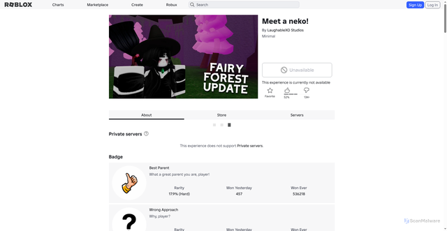 Security scan screenshot of https://www.roblox.com.ml/games/14153443454/Meet-a-neko?privateServerLinkCode=856814744482475558384718663261