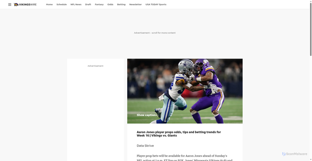 Security scan screenshot of https://vikingswire.usatoday.com/story/sports/nfl/vikings/2025/12/16/aaron-jones-nfl-player-props-odds-tips-trends-week-16-12-21-2025/87803539007/