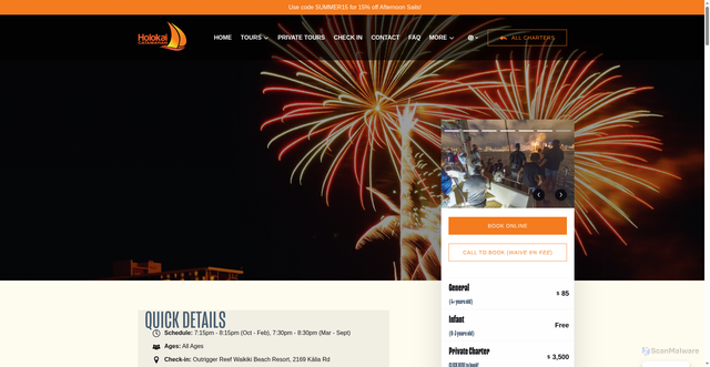 Security scan screenshot of https://www.sailholokai.com/adventures-cruises/fireworks-sail/