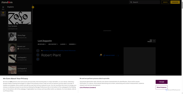 Security scan screenshot of https://ledzeppelin.fandom.com/wiki/Robert_Plant