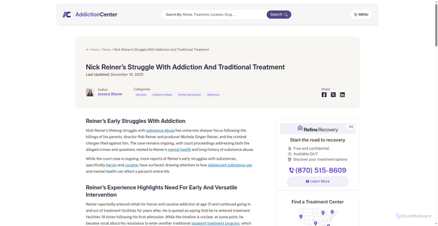 Security scan screenshot of https://www.addictioncenter.com/news/2025/12/nick-reiners-addiction-treatment/