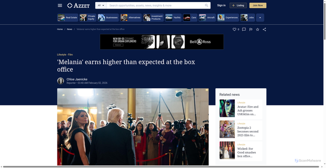 Security scan screenshot of https://azzet.com/news/melania-earns-higher-than-expected-at-the-box-office