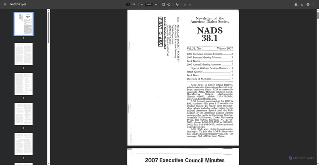 Security scan screenshot of https://americandialect.org/wp-content/uploads/NADS.38.1.pdf