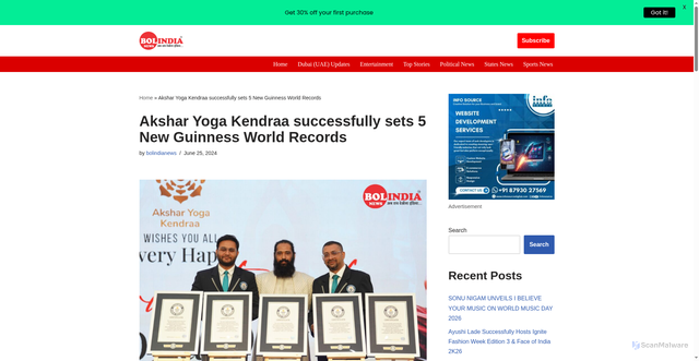 Security scan screenshot of https://bolindianews.com/akshar-yoga-kendraa-successfully-sets-5-new-guinness-world-records/