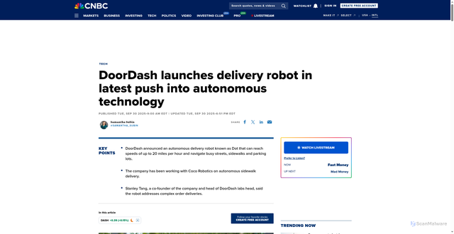 Security scan screenshot of https://www.cnbc.com/2025/09/30/doordash-launches-delivery-robot-in-push-into-autonomous-technology.html